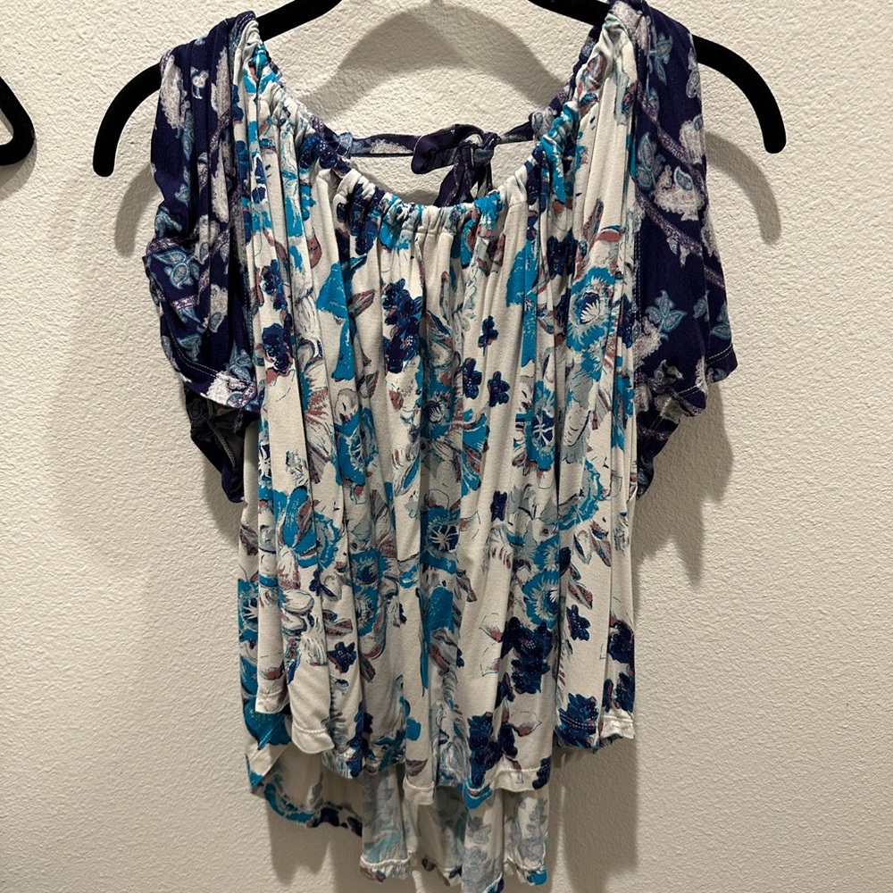 Free People Baja Babe Floral Blue Open Back Boho Top SMALL Cold Shoulder